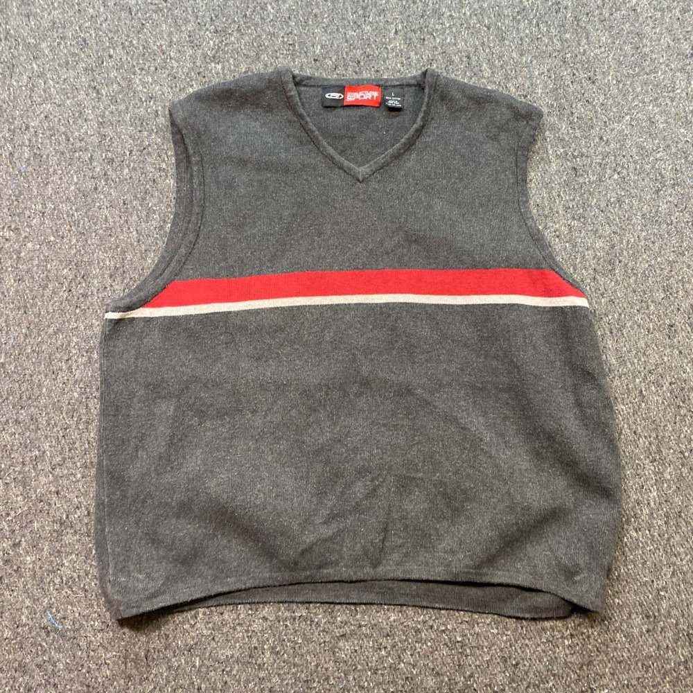 Structure Sport Sweater Vest Sz L Mens Gray Skater Y2K Red Stripe V Neck Knit